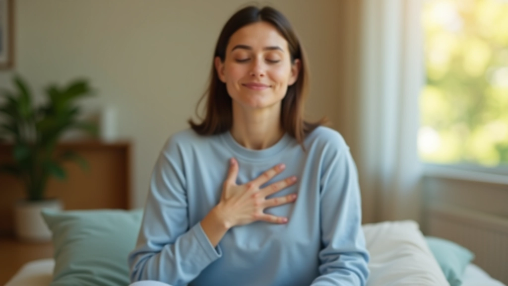 Woman practicing breathing technique with hand on chest in quiet home meditation space